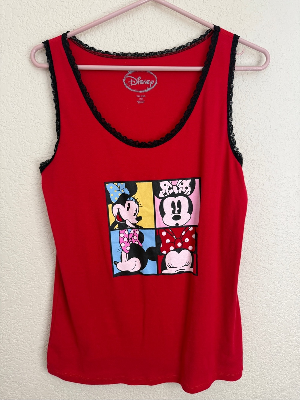 Disney Minnie Mouse Graphic Tank Top XXL Lace Edging Cute Red